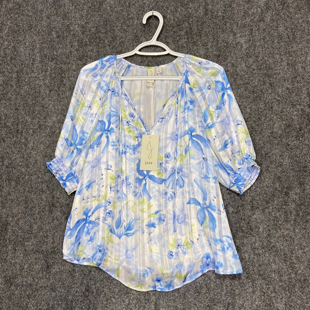 Joie Floral Print Tunic Blouse‎ Women's S Flutter Sleeve Sheer Striped Blue